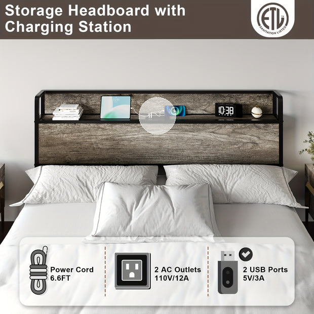 Rustic Wooden Lift-Up Storage Bed Frame with Charging Station, Under-Bed Drawers & Shelves – Noise-Free, Spring Box Not Needed, Perfect for Modern Bedrooms, Bed Accessories