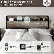 Rustic Wooden Lift-Up Storage Bed Frame with Charging Station, Drawers & Shelves – Noise-Free, No Box Spring Needed