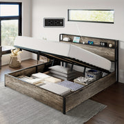 Rustic Wooden Lift-Up Storage Bed Frame with Charging Station, Under-Bed Drawers & Shelves – Noise-Free, Spring Box Not Needed, Perfect for Modern Bedrooms, Bed Accessories