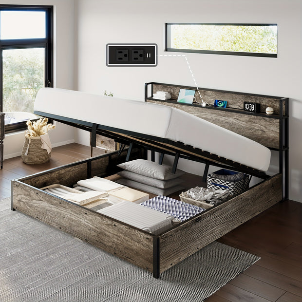 Rustic Wooden Lift-Up Storage Bed Frame with Charging Station, Under-Bed Drawers & Shelves – Noise-Free, Spring Box Not Needed, Perfect for Modern Bedrooms, Bed Accessories