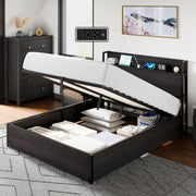 Rustic Wooden Lift-Up Storage Bed Frame with Charging Station, Under-Bed Drawers & Shelves – Noise-Free, Spring Box Not Needed, Perfect for Modern Bedrooms, Bed Accessories