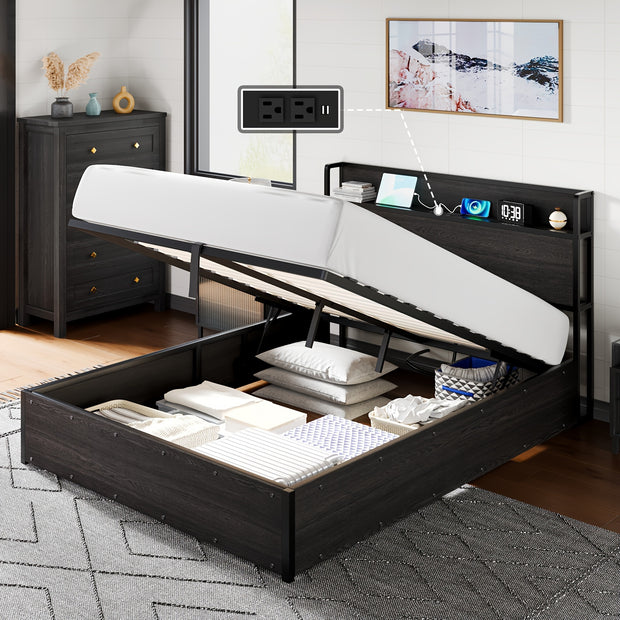 Rustic Wooden Lift-Up Storage Bed Frame with Charging Station, Drawers & Shelves – Noise-Free, No Box Spring Needed