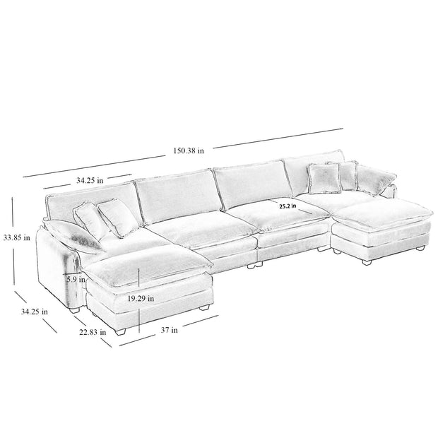 Modern 4-Seater U-Shape Corduroy Sofa Premium Soft Fabric with 2 Ottomans for Living Room