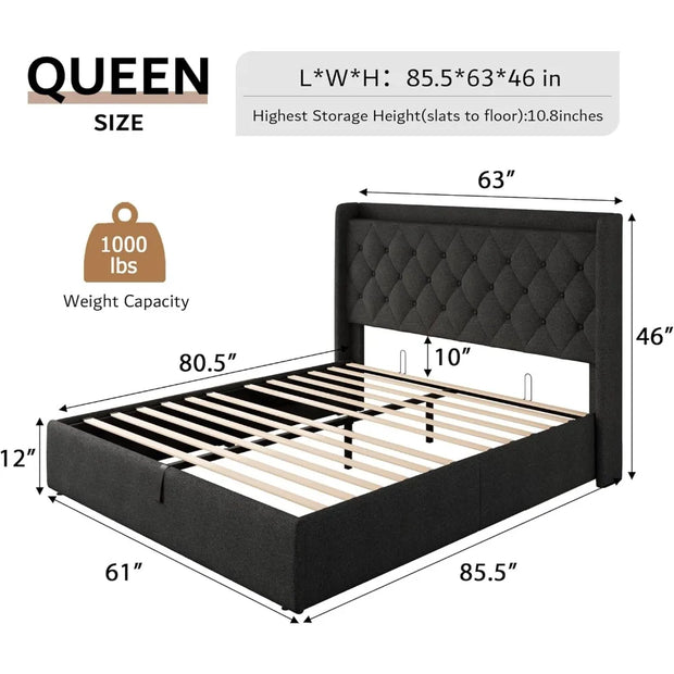 iPormis Queen Size Lift-Up Storage Bed Frame with Charging Station & Tufted Upholstered Headboard
