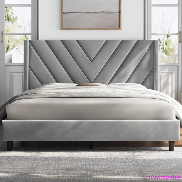 Queen Bed Frame Upholstered Platform Bed with Wing Side/Wooden Slat Support/Tufted Headboard with Wing Side/Mattress