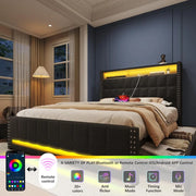 Maupvit Queen Size Bed Frame with 4 Storage Drawers,Upholstered Bed Frame with 2-Tier Storage Headboard,RGB LED Light,Charging S