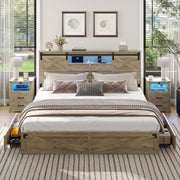 Hasuit Farmhouse Bed Frame King Size with Storage Bookcase Headboard, Wooden King Bed with LED Lights, Charging Station, 2 Drawe