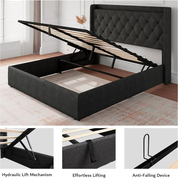 iPormis Queen Size Lift-Up Storage Bed Frame with Charging Station & Tufted Upholstered Headboard
