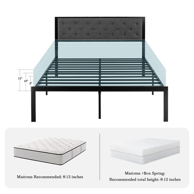 HOOMIC Metal Bed Frame with Upholstered Finely Stitched Headboard, Linen Fabric, Sturdy Foundation, No Box Spring Needed