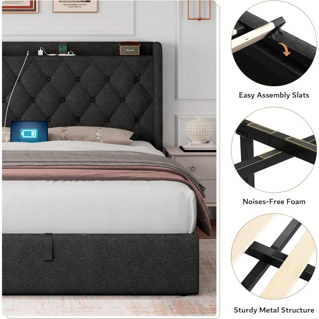 iPormis Queen Size Lift-Up Storage Bed Frame with Charging Station & Tufted Upholstered Headboard