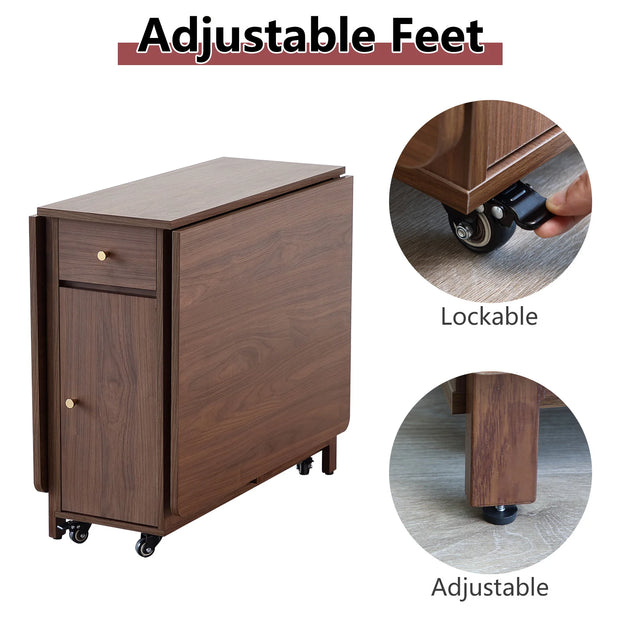 Folding Dining Table with 2 Drawers and 4 Wheels for Living Room,Kitchen, Farmhouse, Space Saving Table