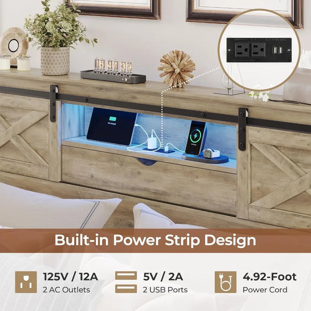 Hasuit Farmhouse Bed Frame King Size with Storage Bookcase Headboard, Wooden King Bed with LED Lights, Charging Station, 2 Drawe