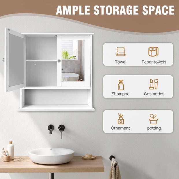 Bathroom Cabinet Wall-Mounted Storage Cabinet Modern Toilet Cupboard Storage Unit with Double Mirror Door Adjustable Shelf White