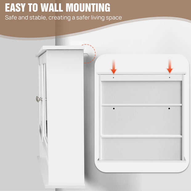 Bathroom Cabinet Wall-Mounted Storage Cabinet Modern Toilet Cupboard Storage Unit with Double Mirror Door Adjustable Shelf White