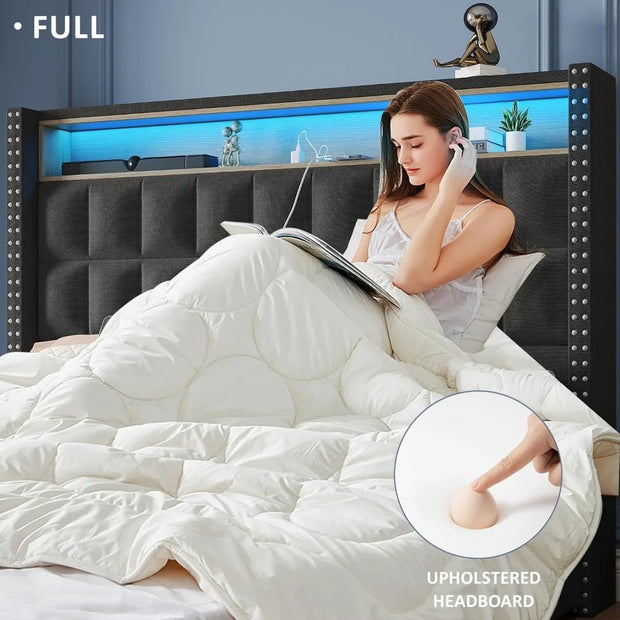 Maupvit Queen Size Bed Frame with 4 Storage Drawers,Upholstered Bed Frame with 2-Tier Storage Headboard,RGB LED Light,Charging S