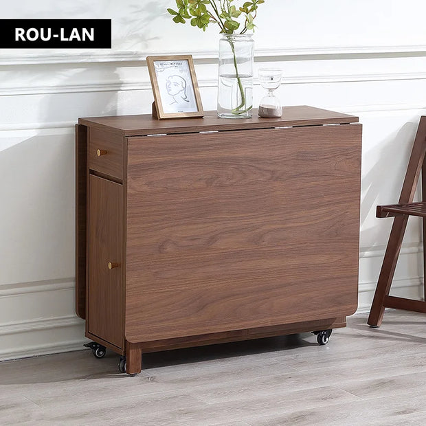 Folding Dining Table with 2 Drawers and 4 Wheels for Living Room,Kitchen, Farmhouse, Space Saving Table