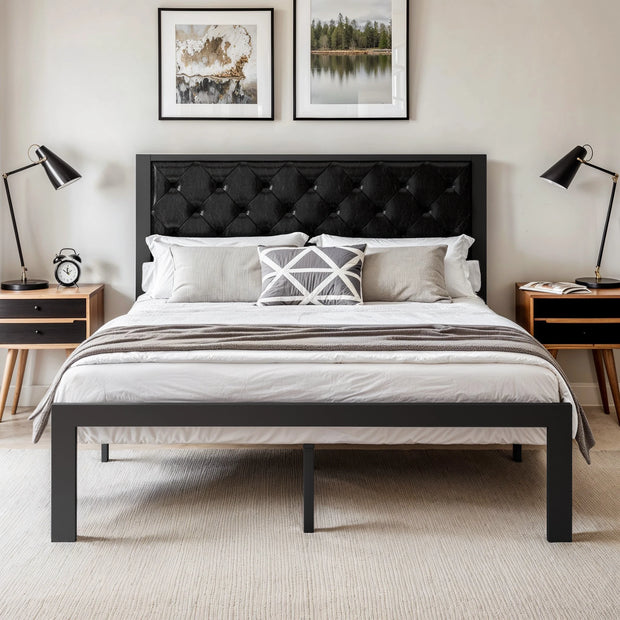 HOOMIC Metal Bed Frame with Upholstered Finely Stitched Headboard, Linen Fabric, Sturdy Foundation, No Box Spring Needed
