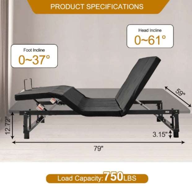 Queen Adjustable Bed Base Frame – Foot Incline, Wireless Remote, USB Ports & Underbed Nightlights