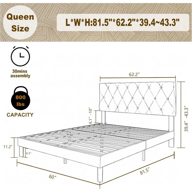 Queen Size Bed Frame, Velvet Upholstered Platform with Headboard, Easy Assembly, No Box Spring Needed, Non-Slip and Noise-Free w
