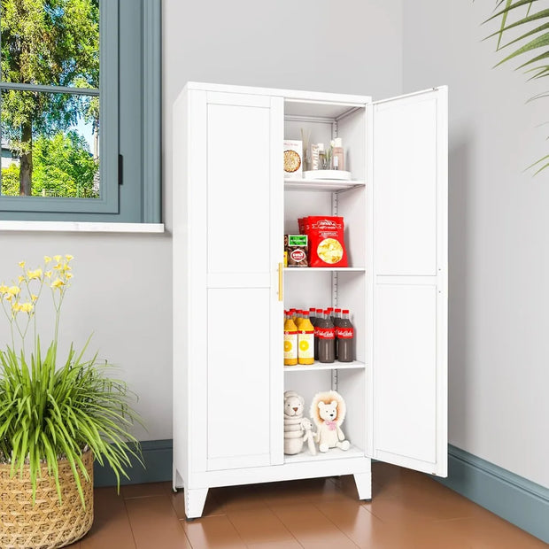 Metal Pantry Cabinet, Kitchen Pantry Storage Cabinets with 2 Door and 3 Adjustable Shelves, White Kitchen Pantry Cabinet