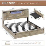 Hasuit Farmhouse Bed Frame King Size with Storage Bookcase Headboard, Wooden King Bed with LED Lights, Charging Station, 2 Drawe