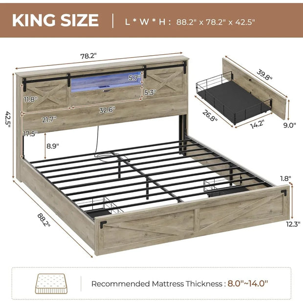 Hasuit Farmhouse Bed Frame King Size with Storage Bookcase Headboard, Wooden King Bed with LED Lights, Charging Station, 2 Drawe
