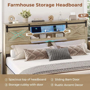 Hasuit King Size Farmhouse Bed Frame with Storage Bookcase Headboard, LED Lights & Charging Station
