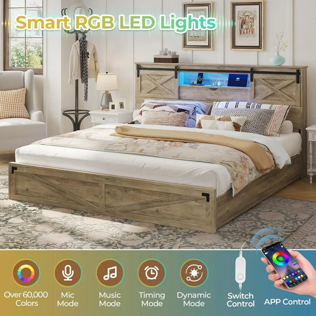 Hasuit Farmhouse Bed Frame King Size with Storage Bookcase Headboard, Wooden King Bed with LED Lights, Charging Station, 2 Drawe