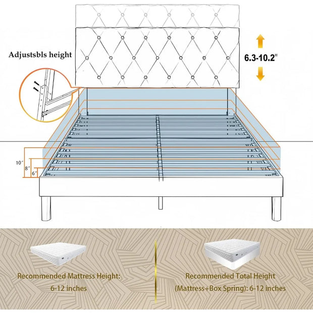 Queen Size Bed Frame, Velvet Upholstered Platform with Headboard, Easy Assembly, No Box Spring Needed, Non-Slip and Noise-Free w