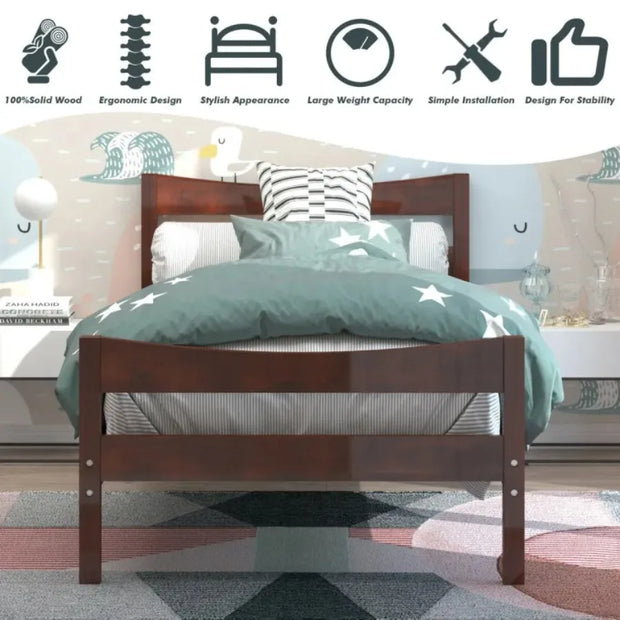 Twin Size Rustic Platform Bed Frame with Headboard & Footboard – Sturdy Wooden Design