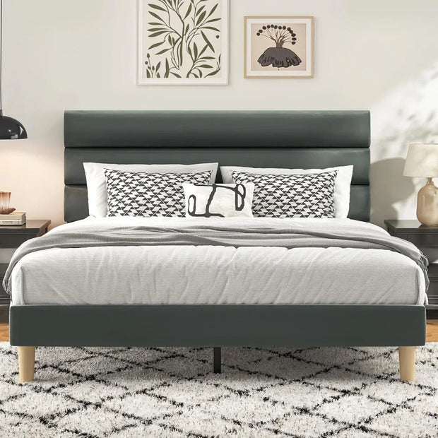 Bed Frame, Platform Bed Frame with Velvet Upholstered Headboard, No Box Spring Needed, Sturdy Metal Support, Noise Free