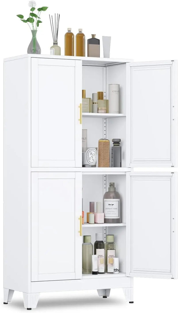 Metal Pantry Cabinet, Kitchen Pantry Storage Cabinets with 2 Door and 3 Adjustable Shelves, White Kitchen Pantry Cabinet