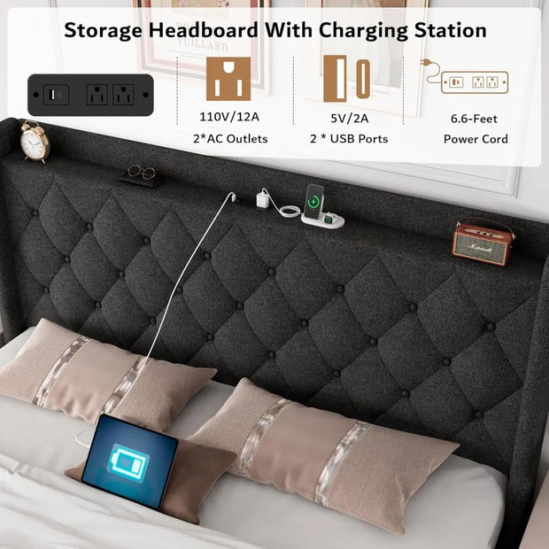 iPormis Queen Size Lift-Up Storage Bed Frame with Charging Station & Tufted Upholstered Headboard