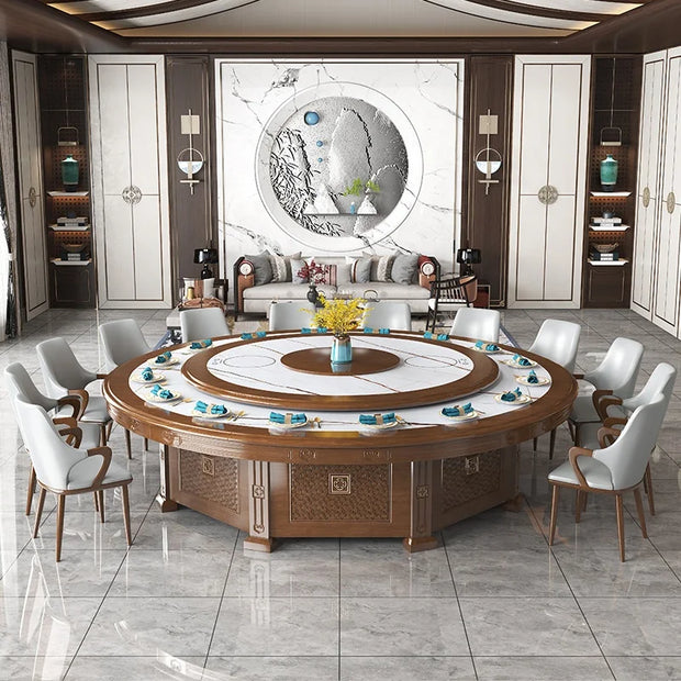 20 Seater Hotel Dining Table Electric Large Round Table Commercial Banquet Solid Wood Dinner Table