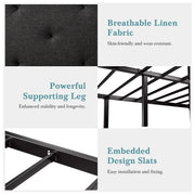 HOOMIC Metal Bed Frame with Upholstered Finely Stitched Headboard, Linen Fabric, Sturdy Foundation, No Box Spring Needed