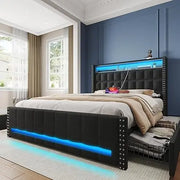 Maupvit Queen Size Upholstered Bed Frame with 4 Storage Drawers, 2-Tier Headboard, RGB LED Light & Charging Station