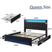 Maupvit Queen Size Bed Frame with 4 Storage Drawers,Upholstered Bed Frame with 2-Tier Storage Headboard,RGB LED Light,Charging S