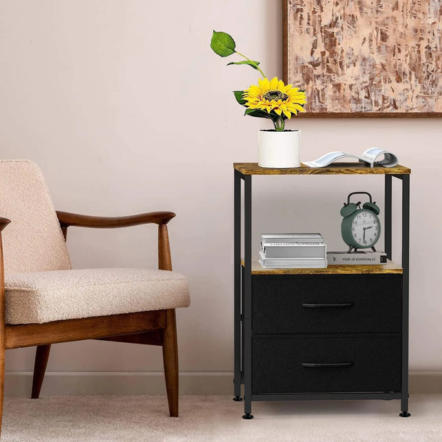 Side Table Bedside Table with 2 Fabric Storage Drawers – Nightstand for Bedroom, Living Room & Dorm