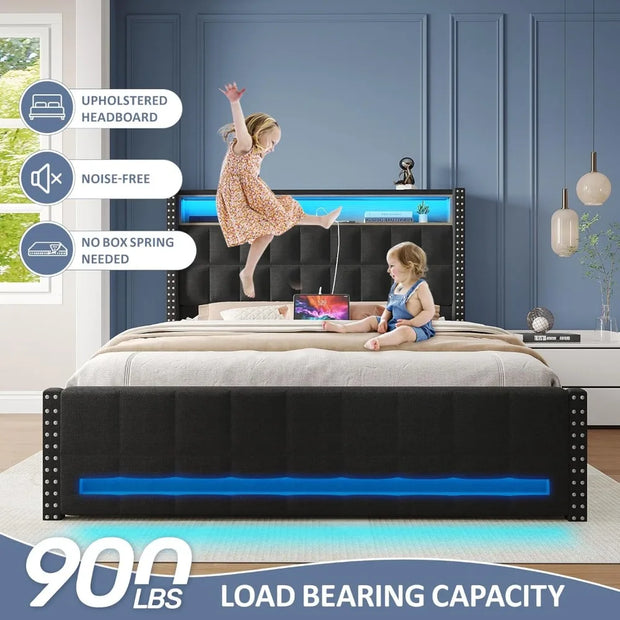 Maupvit Queen Size Bed Frame with 4 Storage Drawers,Upholstered Bed Frame with 2-Tier Storage Headboard,RGB LED Light,Charging S
