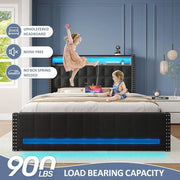 Maupvit Queen Size Upholstered Bed Frame with 4 Storage Drawers, 2-Tier Headboard, RGB LED Light & Charging Station