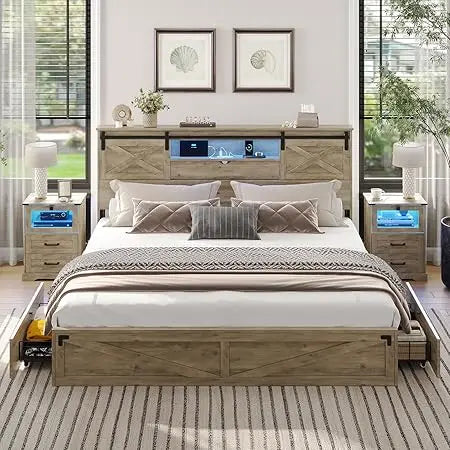 Hasuit King Size Farmhouse Bed Frame with Storage Bookcase Headboard, LED Lights & Charging Station