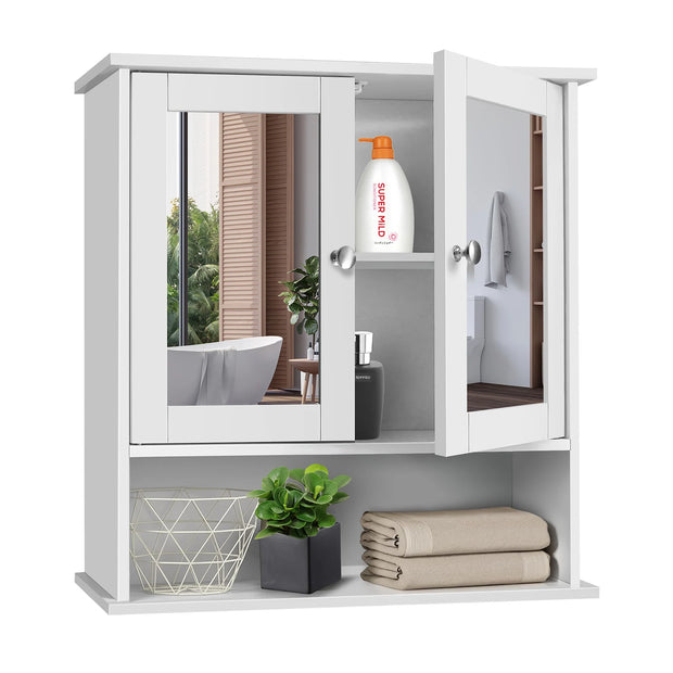 Bathroom Cabinet Wall-Mounted Storage Cabinet Modern Toilet Cupboard Storage Unit with Double Mirror Door Adjustable Shelf White