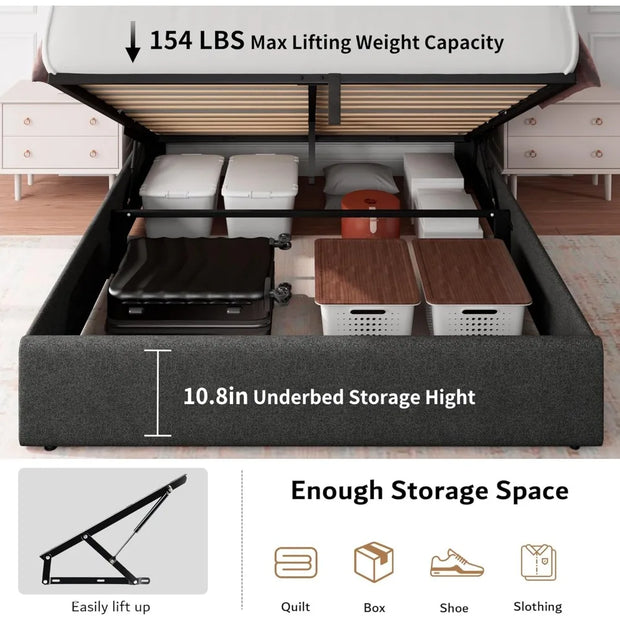 iPormis Queen Size Lift Up Storage Bed Frame with Charging Station, Upholstered Platform Bed Frame with Tufted Headboard, Hydrau