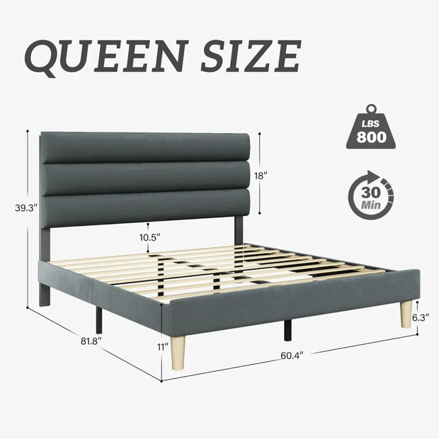 Bed Frame, Platform Bed Frame with Velvet Upholstered Headboard, No Box Spring Needed, Sturdy Metal Support, Noise Free