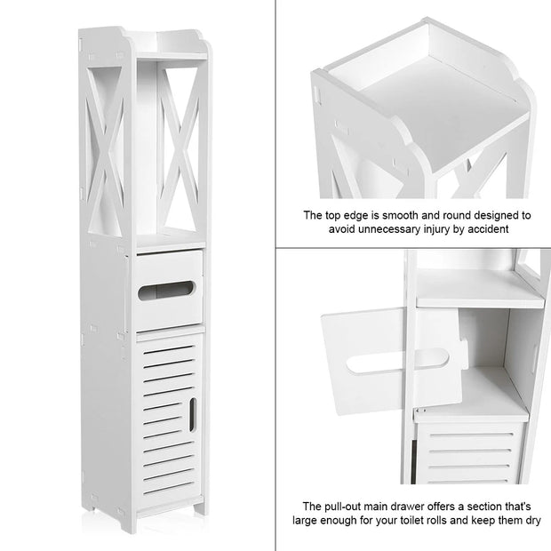 80x15.5x15CM Bathroom Toilet Furniture Cabinet White Wood Cupboard Shelf Tissue Storage Rack