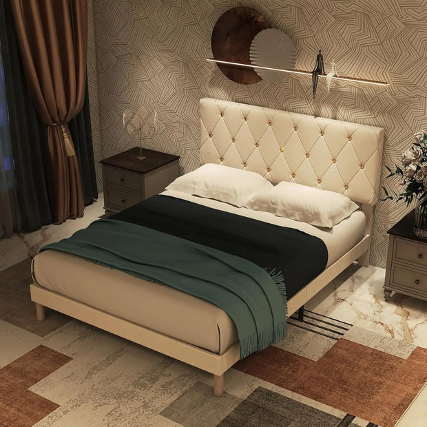 Queen Size Bed Frame, Velvet Upholstered Platform with Headboard, Easy Assembly, No Box Spring Needed, Non-Slip and Noise-Free w