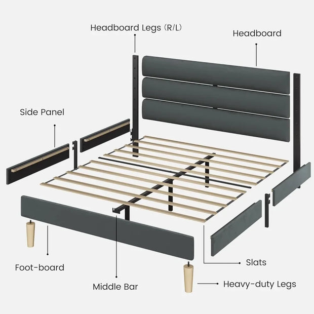 Bed Frame, Platform Bed Frame with Velvet Upholstered Headboard, No Box Spring Needed, Sturdy Metal Support, Noise Free