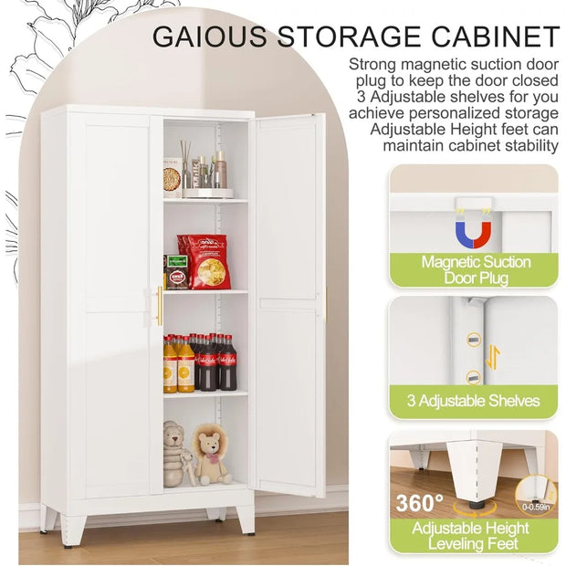 Metal Pantry Cabinet, Kitchen Pantry Storage Cabinets with 2 Door and 3 Adjustable Shelves, White Kitchen Pantry Cabinet
