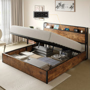 Rustic Wooden Lift-Up Storage Bed Frame with Charging Station, Drawers & Shelves – Noise-Free, No Box Spring Needed