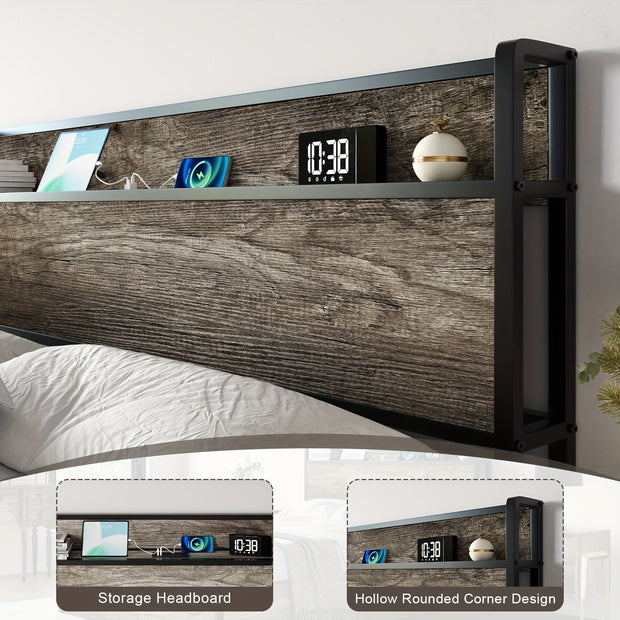 Rustic Wooden Lift-Up Storage Bed Frame with Charging Station, Under-Bed Drawers & Shelves – Noise-Free, Spring Box Not Needed, Perfect for Modern Bedrooms, Bed Accessories